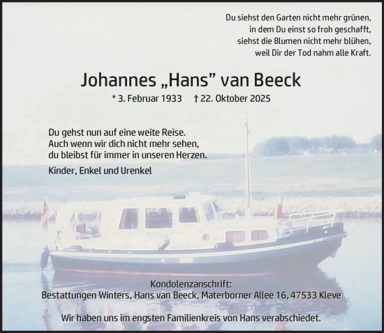 Traueranzeige von Johannes van Beeck von NNA