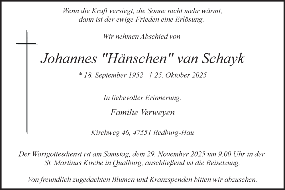  Traueranzeige für Johannes van Schayk vom 22.11.2025 aus NNA