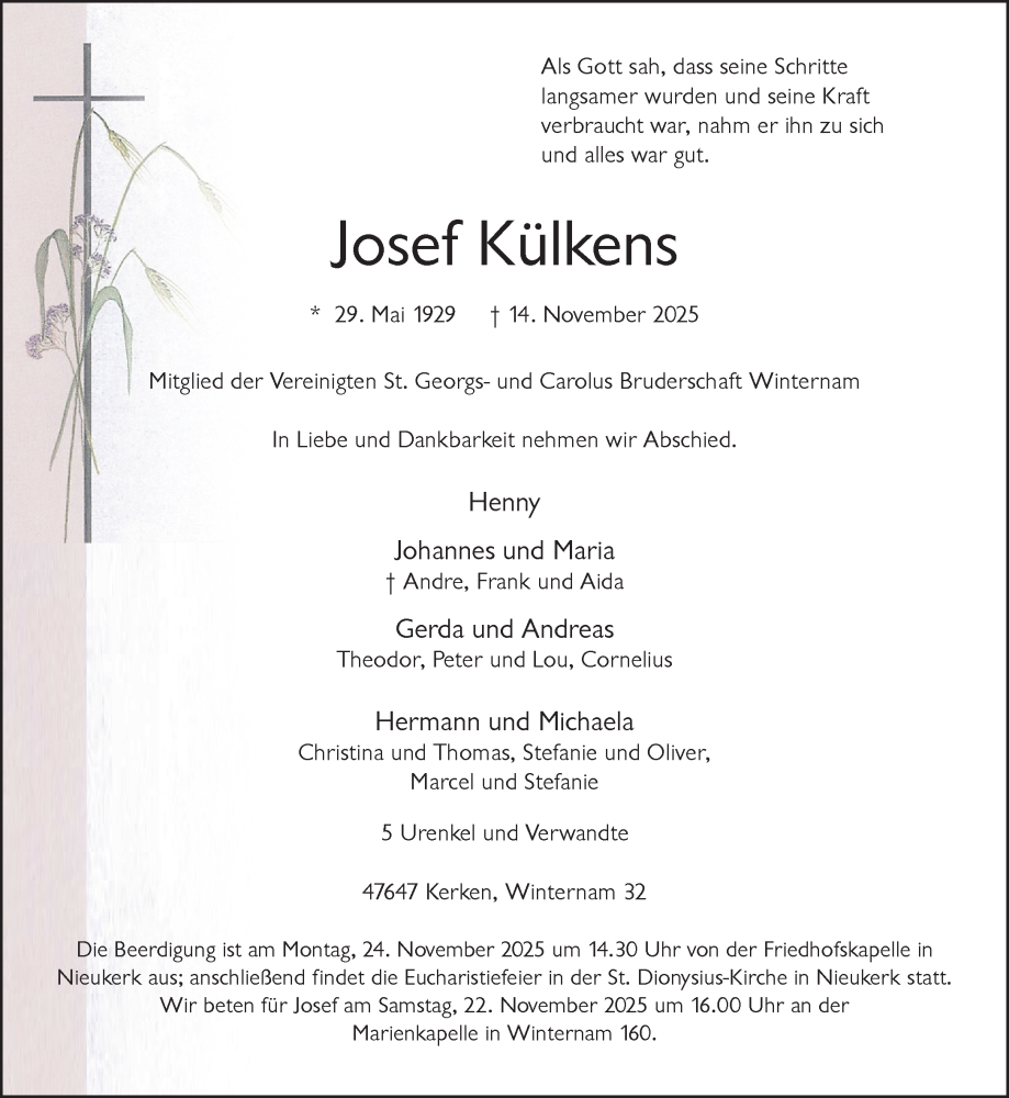  Traueranzeige für Josef Külkens vom 22.11.2025 aus NNA