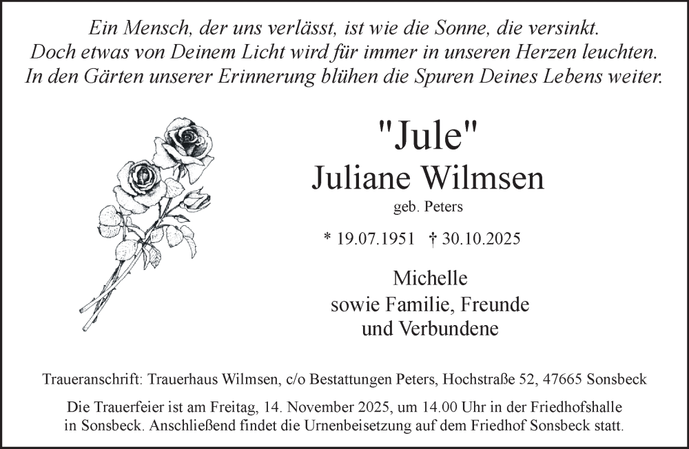  Traueranzeige für Juliane Wilmsen vom 08.11.2025 aus NNA