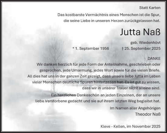 Traueranzeige von Jutta Naß von NNA