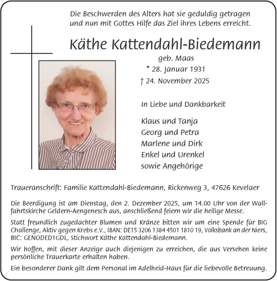 Traueranzeige von Käthe Kattendahl-Biedemann von NNA