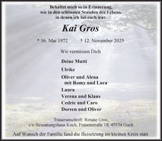 Traueranzeige von Kai Gros von NNA