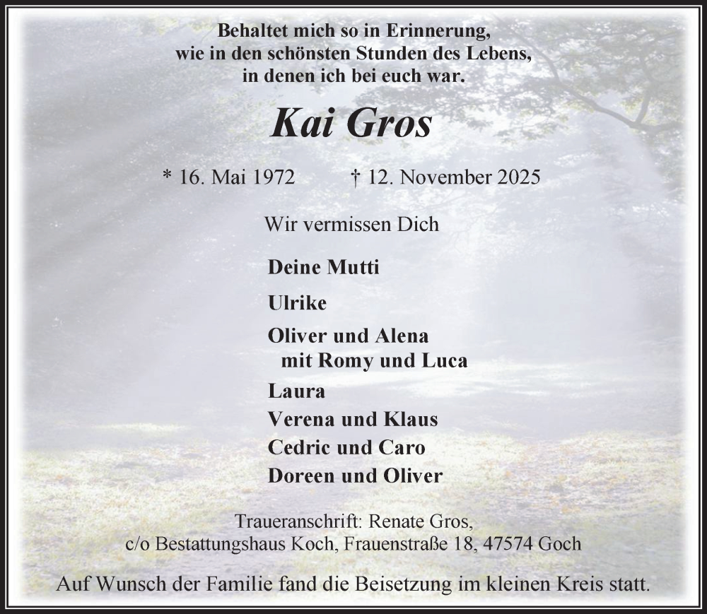  Traueranzeige für Kai Gros vom 29.11.2025 aus NNA