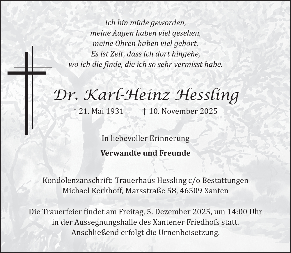  Traueranzeige für Karl-Heinz Hessling vom 22.11.2025 aus NNA