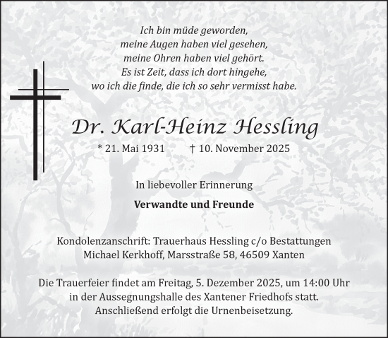 Traueranzeige von Karl-Heinz Hessling von NNA