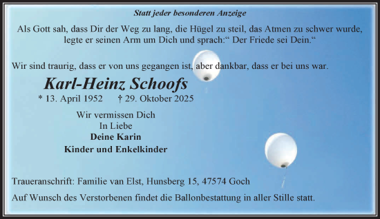 Traueranzeige von Karl-Heinz Schoofs von NNA
