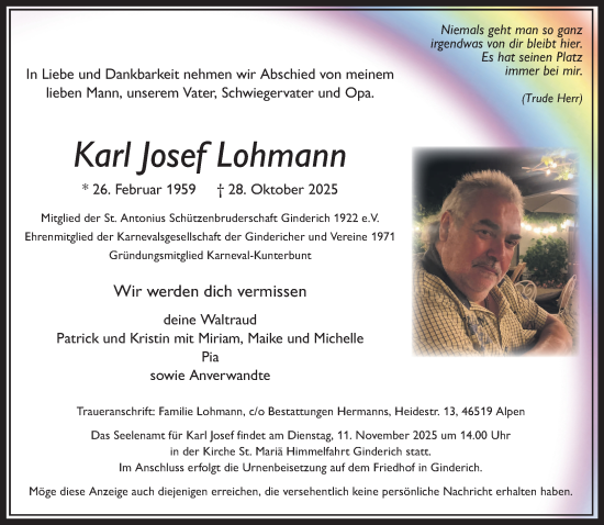 Traueranzeige von Karl Josef Lohmann von NNA