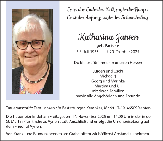 Traueranzeige von Katharina Jansen von NNA