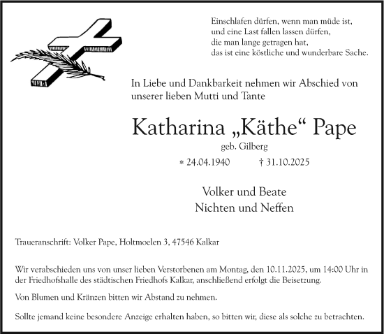 Traueranzeige von Katharina Pape von NNA