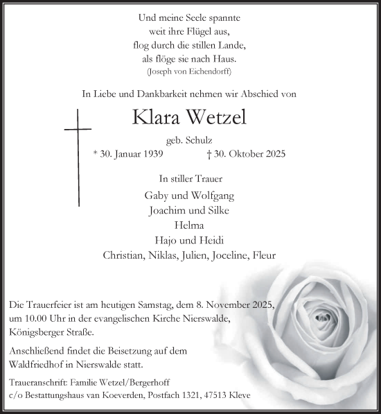 Traueranzeige von Klara Wetzel von NNA