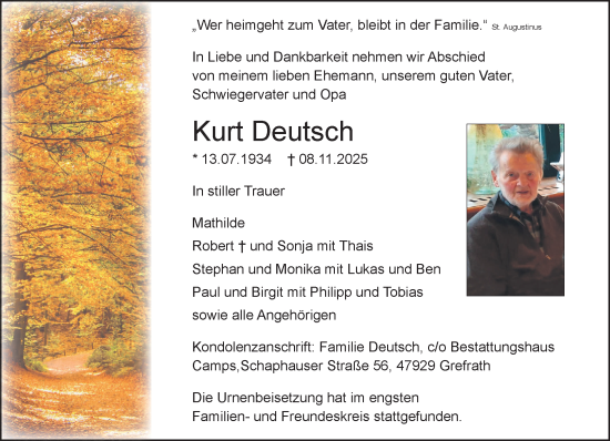 Traueranzeige von Kurt Deutsch von NNA