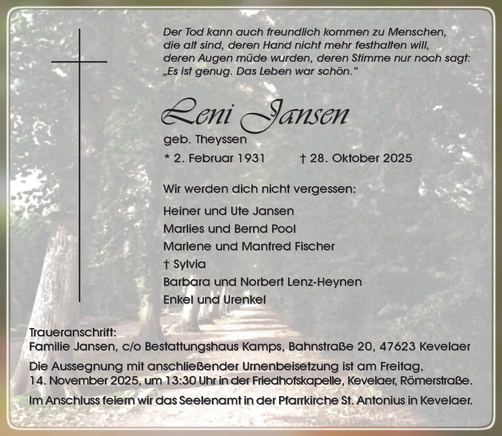  Traueranzeige für Leni Jansen vom 08.11.2025 aus NNA