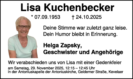 Traueranzeige von Lisa Kuchenbecker von NNA