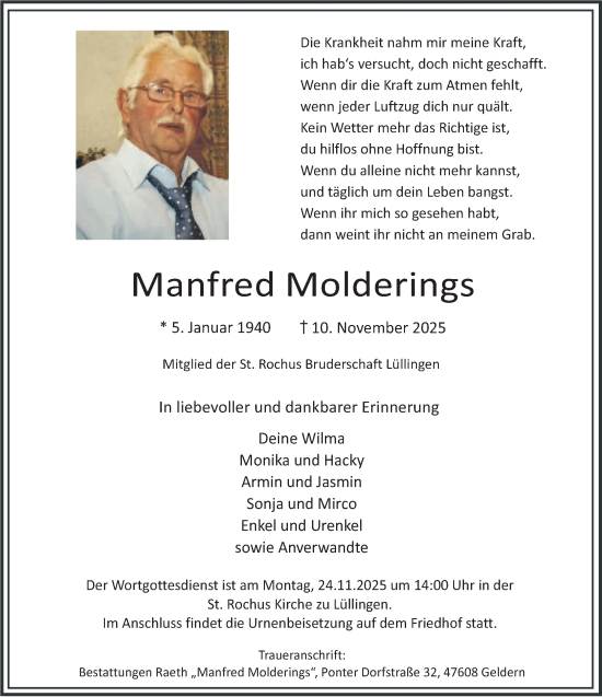Traueranzeige von Manfred Molderings von NNA
