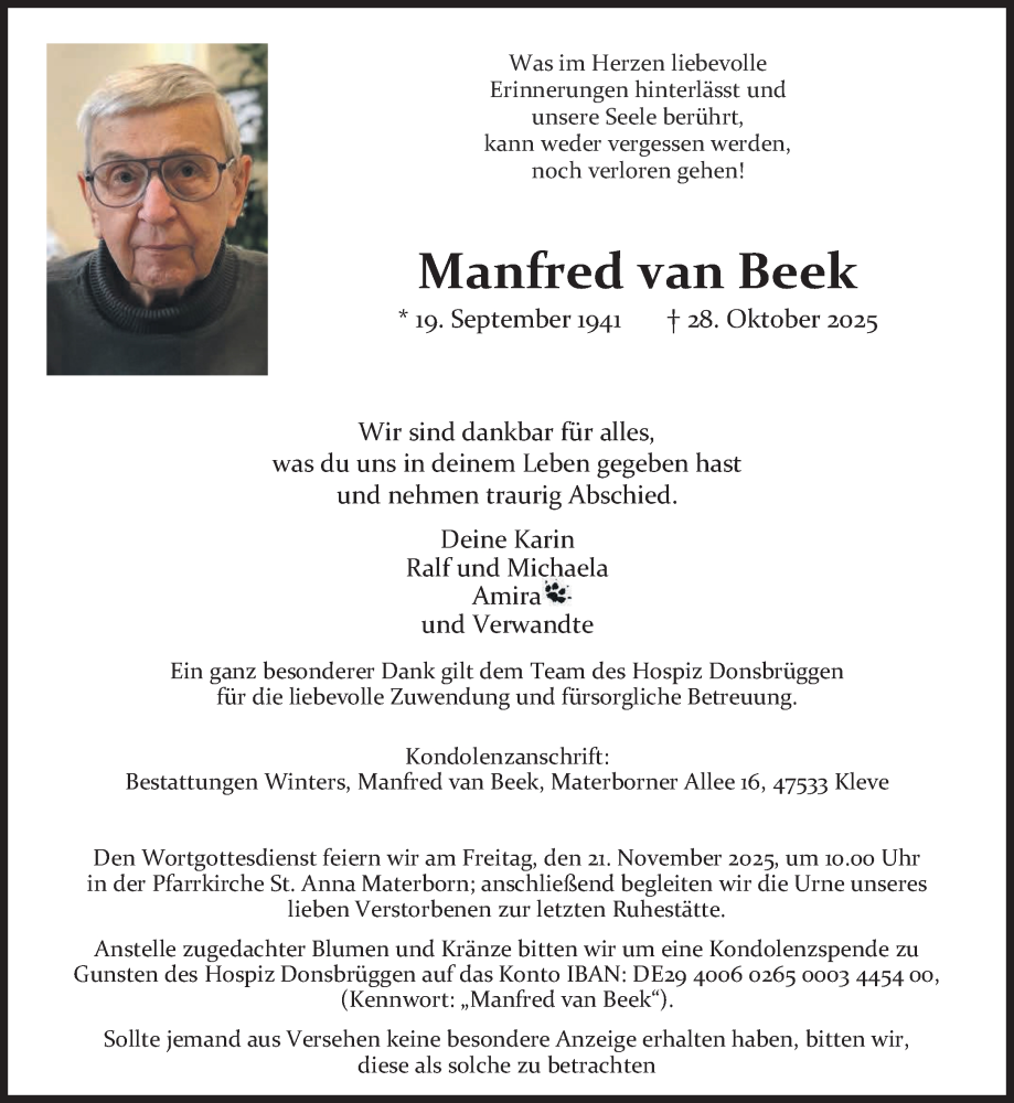  Traueranzeige für Manfred van Beek vom 08.11.2025 aus NNA