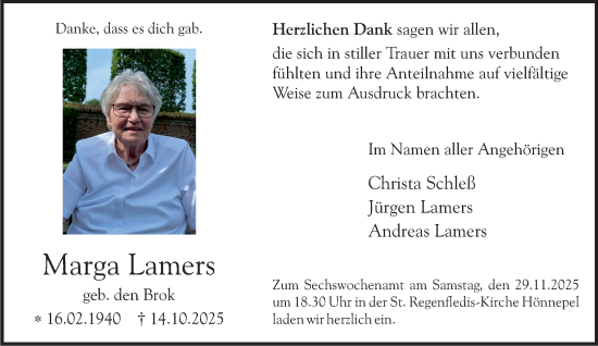 Traueranzeige von Marga Lamers von NNA