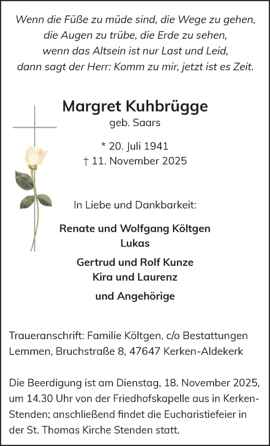 Traueranzeige von Margret Kuhbrügge von NNA