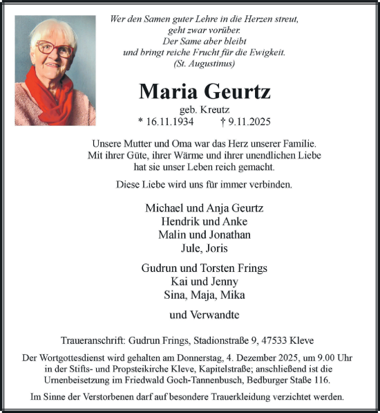 Traueranzeige von Maria Geurtz von NNA