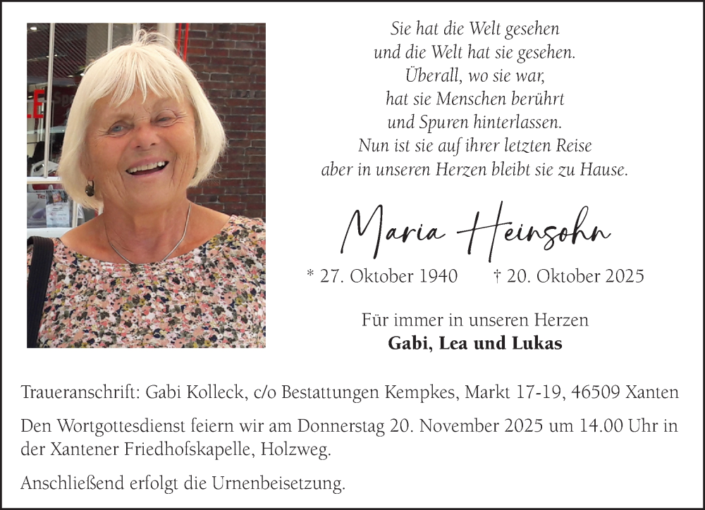  Traueranzeige für Maria Heinsohn vom 08.11.2025 aus NNA