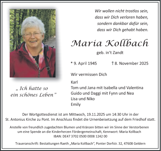 Traueranzeige von Maria Kollbach von NNA
