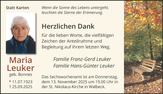 Traueranzeige von Maria Leuker von NNA