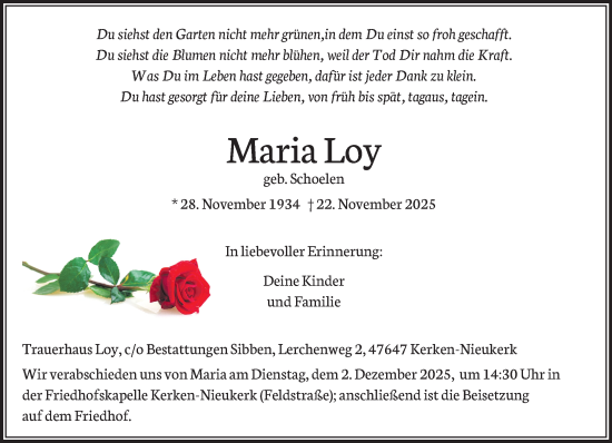 Traueranzeige von Maria Loy von NNA