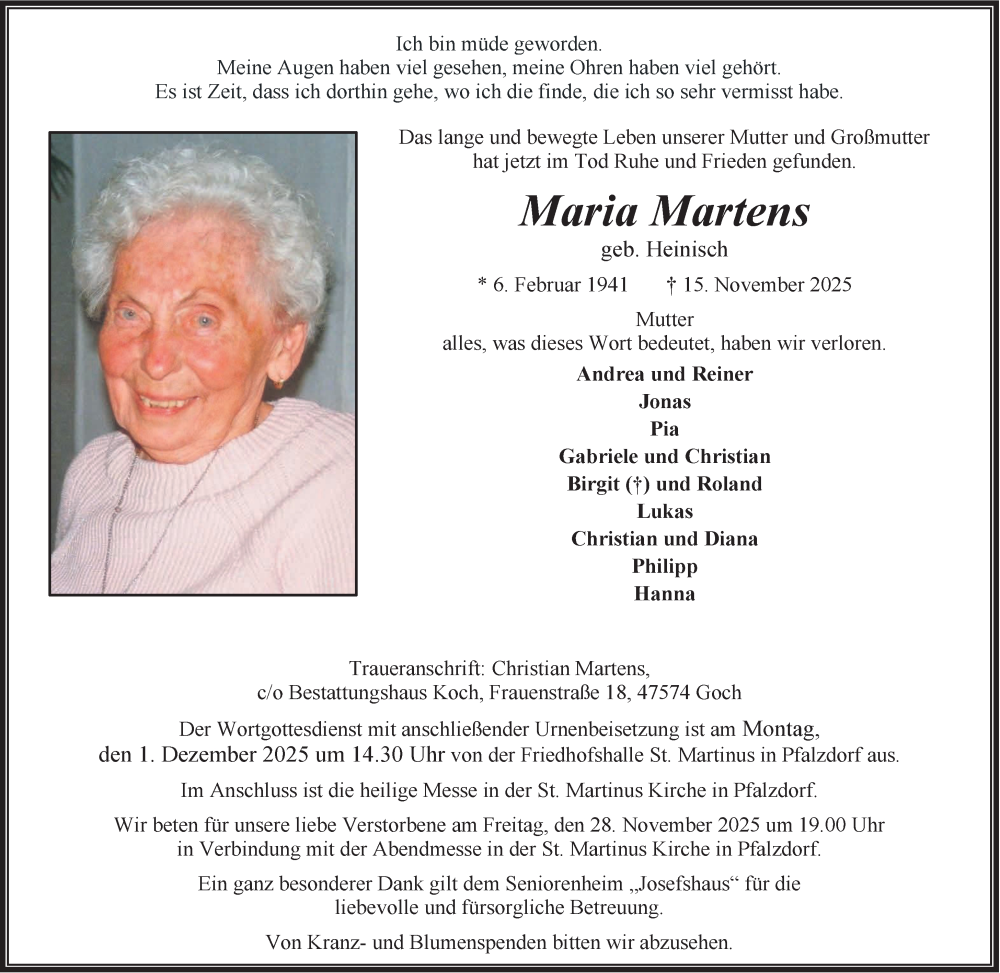  Traueranzeige für Maria Martens vom 22.11.2025 aus NNA