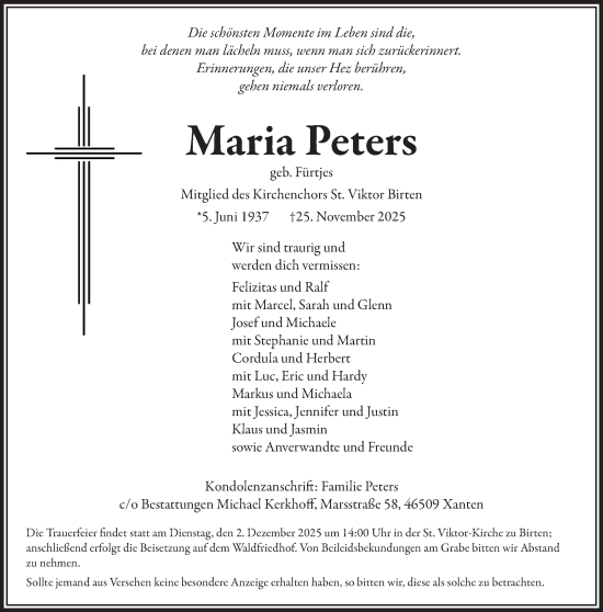 Traueranzeige von Maria Peters von NNA