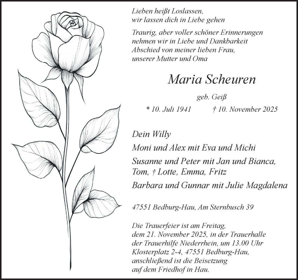  Traueranzeige für Maria Scheuren vom 15.11.2025 aus NNA
