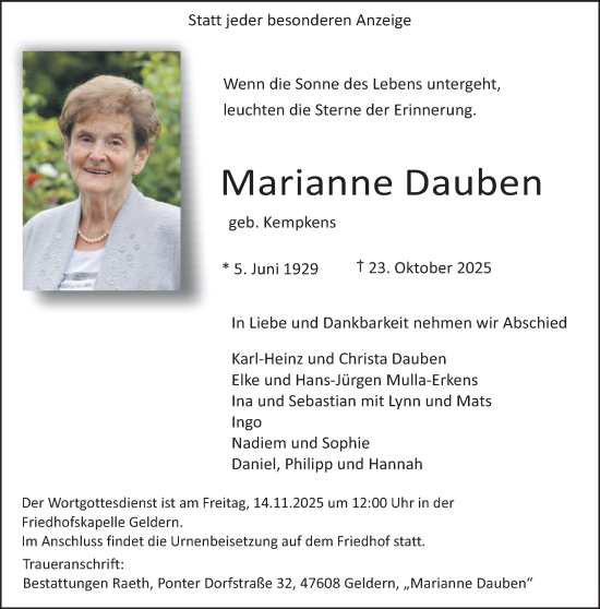 Traueranzeige von Marianne Dauben von NNA