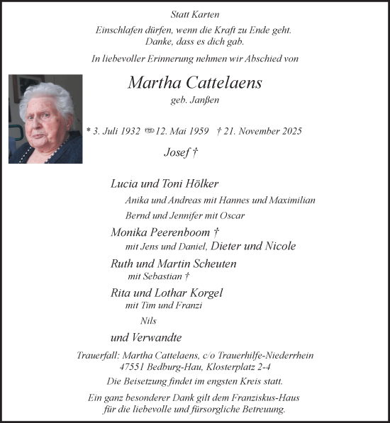 Traueranzeige von Martha Cattelaens von NNA