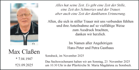 Traueranzeige von Max Claßen von NNA