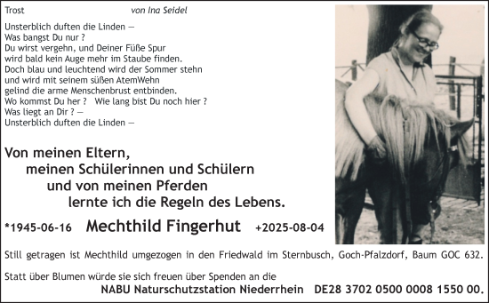 Traueranzeige von Mechthild Fingerhut von NNA