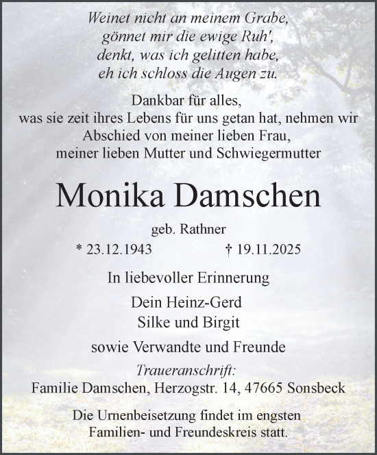 Traueranzeige von Monika Damschen von NNA