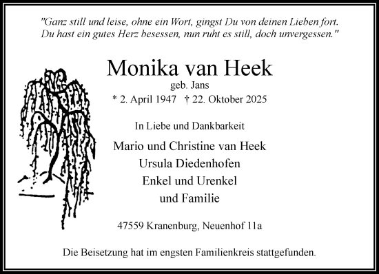 Traueranzeige von Monika van Heek von NNA