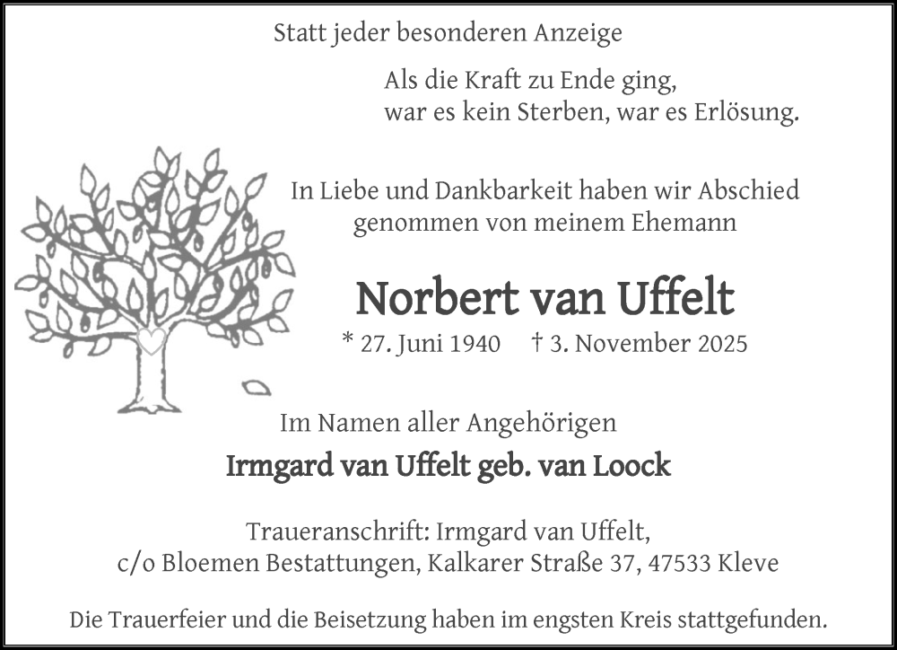  Traueranzeige für Norbert van Uffelt vom 15.11.2025 aus NNA