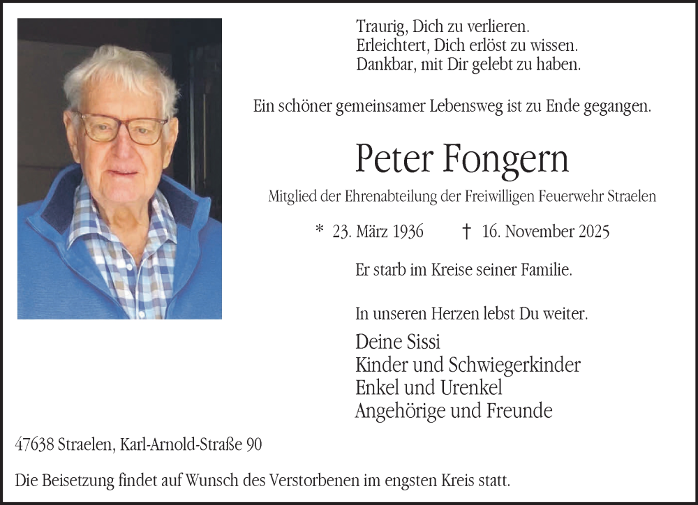  Traueranzeige für Peter Fongern vom 22.11.2025 aus NNA