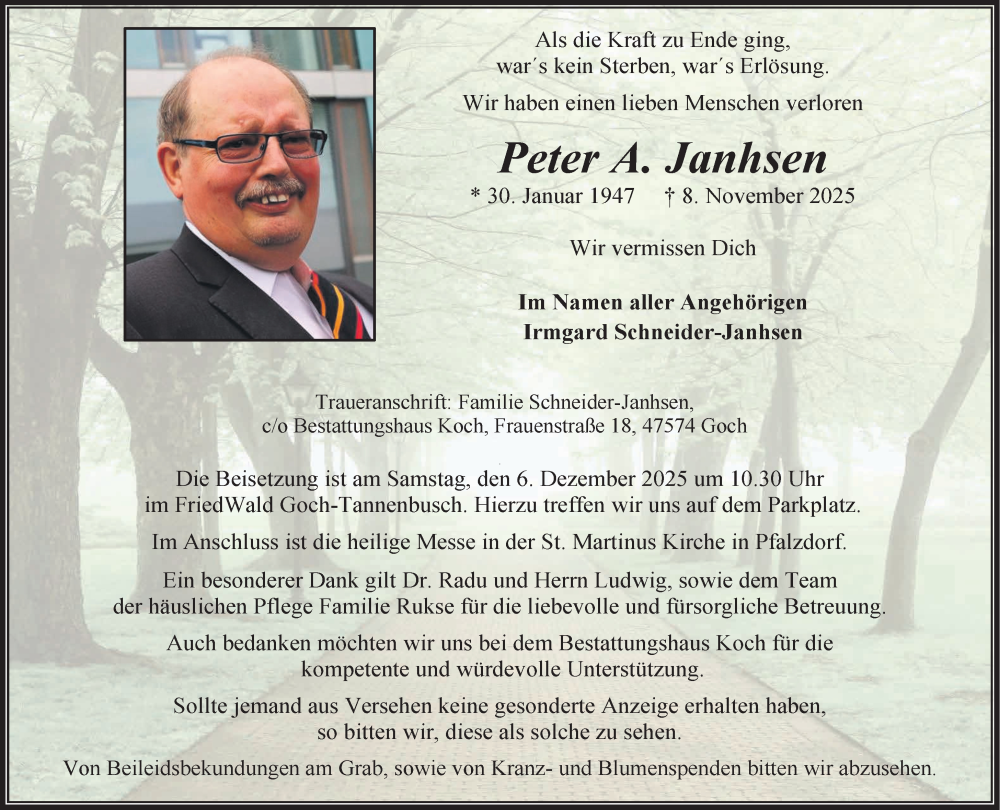  Traueranzeige für Peter A. Janhsen vom 29.11.2025 aus NNA