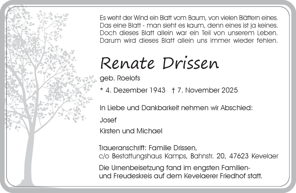  Traueranzeige für Renate Drissen vom 22.11.2025 aus NNA