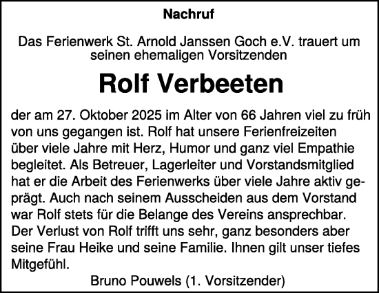 Traueranzeige von Rolf Verbeeten von NNA