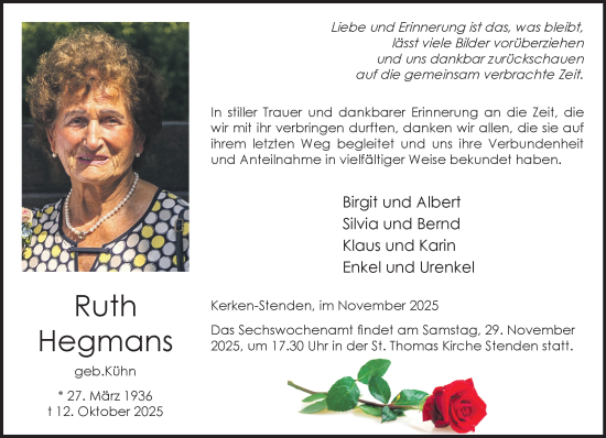 Traueranzeige von Ruth Hegmans von NNA