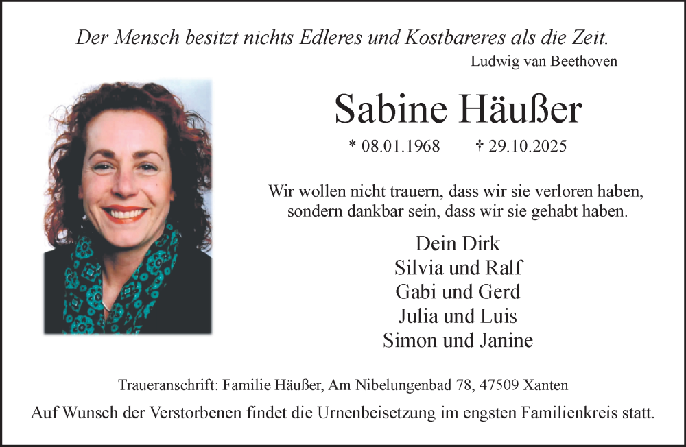  Traueranzeige für Sabine Häußer vom 08.11.2025 aus NNA