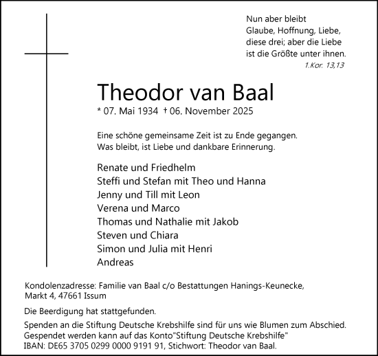 Traueranzeige von Theodor van Baal von NNA