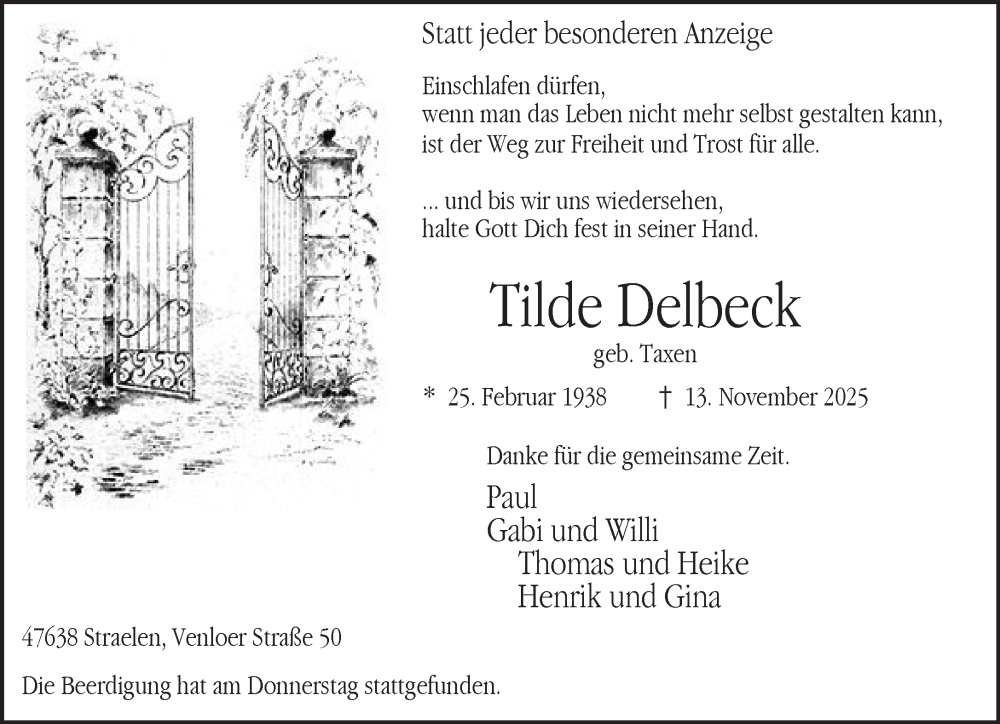  Traueranzeige für Tilde Delbeck vom 22.11.2025 aus NNA