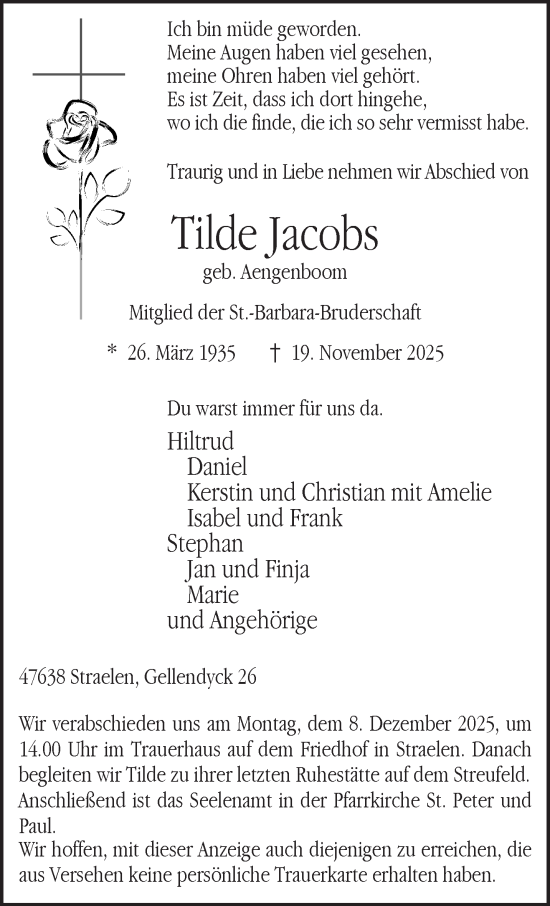 Traueranzeige von Tilde Jacobs von NNA