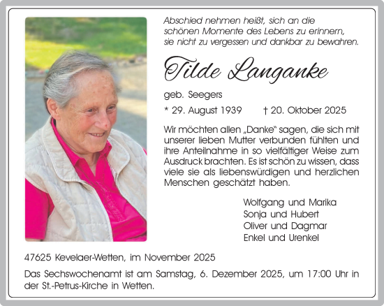 Traueranzeige von Tilde Langanke von NNA