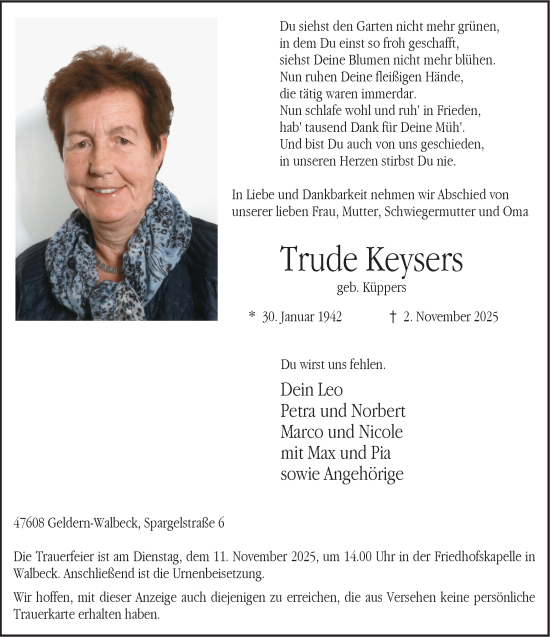 Traueranzeige von Trude Keysers von NNA