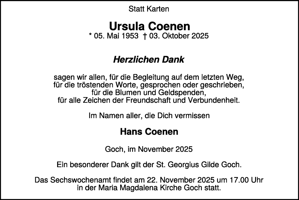 Traueranzeige für Ursula Coenen vom 15.11.2025 aus NNA