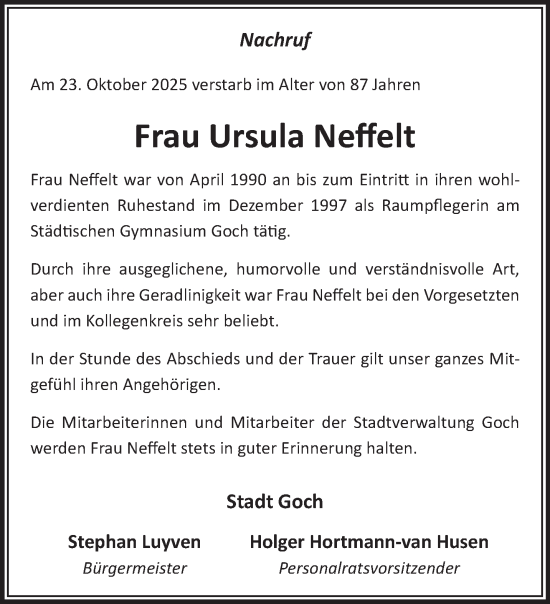 Traueranzeige von Ursula Neffelt von NNA